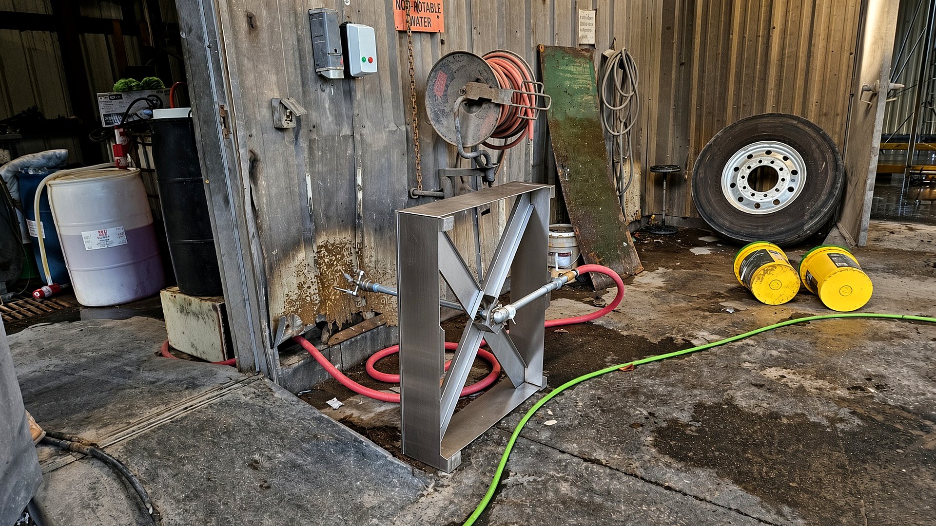 WBW-001 stand stored on its edge in the wash bay